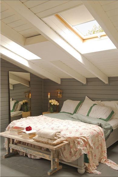 Cozy Attic Bedroom! Painted wood siding and skylights #homeimprovement #inspiration #ExteriorMedics Skylight Bedroom, Cozy Attic Bedroom, Cozy Attic, Small Attic, Attic Design, Attic Bedrooms, Attic Renovation, Attic Spaces, Attic Remodel