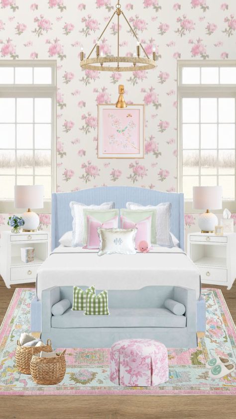 Girly pink/green/blue bedroom inspo! Green Blue Bedroom, Blue Floral Bedroom, Blue And Pink Bedroom, White Room Decor, Big Girl Bedrooms, College Dorm Room Decor, Kids Bedroom Inspiration, College Apartment Decor, College Room