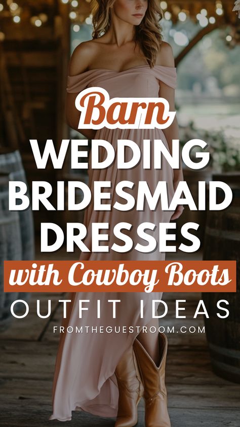 a woman wears a barn wedding bridesmaid dress with cowboy boots, western outfits Cowboy Bridesmaid Dresses, Boho Western Wedding Dress With Boots, Bridesmaid Dress With Cowboy Boots, Bridesmaid Dresses For Country Wedding, Bridesmaid Cowboy Boots, Cowboy Boots With Wedding Dress, Western Outfits For Wedding, Formal Dress With Cowboy Boots, Country Dresses With Boots