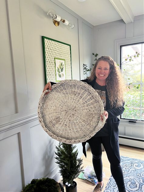 me holding large white wicker basket tray Basket Centerpieces Table, Centerpiece For Christmas, Basket Centerpieces, Basket Tray, White Wicker, The Magic Of Christmas, Magic Of Christmas, Wicker Basket, Nativity Scene