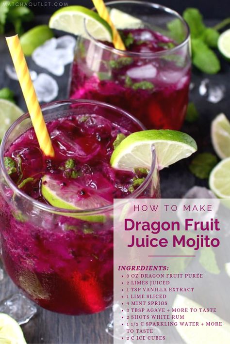 Cocktails With Muddled Fruit, Dragon Cocktail Drinks, Dragon Fruit Cocktail Vodka, Dragon Fruit Mojito, Dragon Fruit Alcoholic Drink, Muddled Fruit Cocktails, Dragonfruit Juice Recipe, What To Do With Dragon Fruit, Dragonfruit Cocktail Recipe