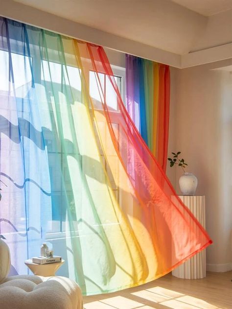 Rainbow Curtains, Mesh Curtain, Rainbow House, Rainbow Room, Home Curtains, Living Room Spaces, Colorful Curtains, Cute Room Decor, Sheer Curtain