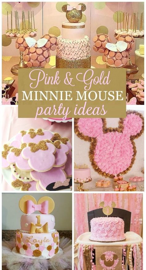 Pink & Gold Minnie Party Ideas Guide Gold Minnie Mouse Party, Minnie Golden, Cupcakes Minnie Mouse, Minnie Mouse Party Ideas, Minnie Mouse First Birthday, Minnie Mouse 1st Birthday, Minnie Mouse Baby, Minnie Mouse Baby Shower, Minnie Birthday Party