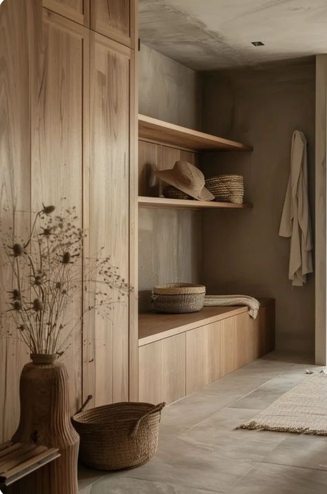 Mud Room Cabinetry, Wabi Sabi Mudroom, Japandi Utility Room, Hidden Backpack Storage, Mudroom Minimalist, Japandi Door Style, Foyer Built In Ideas, Modern Organic Laundry Room, Modern Storage Room