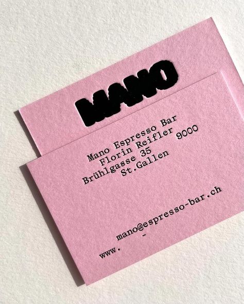 Business cards for the newly opened @mano.espresso.ba by @ollieschaich ⭐️⁠ ⁠ Hot stamped black foil on duplexed @colorplan_papers Candy Pink 540gsm.⁠ ⁠ #youcreativemedia #visualidentity #visualidentitydesign #brand #branding #brandingdesign Colorplan Paper, Unique Business Cards Design, Buisness Cards, Name Card Design, Business Card Inspiration, Visual Identity Design, Portfolio Inspiration, Graphic Design Fonts, Cool Business Cards