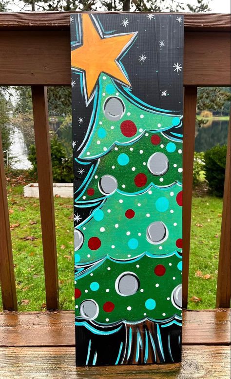 Painting Porch Leaners, Christmas Board Painting, Easy Christmas Paintings On Wood, Porch Leaners For Christmas, Christmas Tree Painting On Wood, Christmas Door Leaner, Painting On Wooden Planks, Christmas Porch Leaners, Christmas Diy Painting