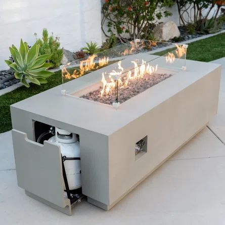 Latitude Run® 22" H x 32" W Concrete Propane Outdoor Fire Pit Table | Wayfair Propane Tank Storage, Outdoor Fire Pit Seating, Villa Ideas, Outdoor Fire Table, Modern Fire Pit, Outdoor Fire Pit Table, Luxury Landscaping, Concrete Fire Pits, Fire Pit Seating