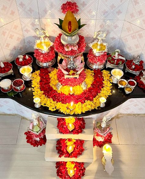 Pooja Room Decoration Ideas, Pooja Decoration Ideas, Pooja Room Decoration, Kalash Decoration, Pooja Door, Flower Garland Diy, Coconut Decoration, Lakshmi Pooja, Pooja Door Design