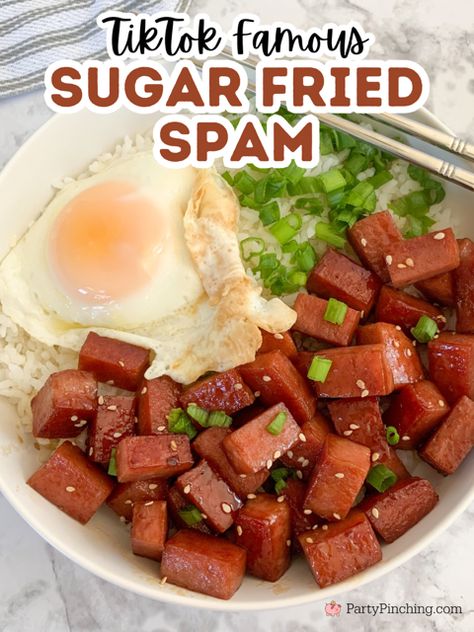 tiktok famous sugar fried spam, easy best brown sugar granulated white sugar fried spam, easy best dorm room meal cooking ideas for college students, easy simple budget friendly meals, family friendly meals in 15 minutes, spam and eggs, spam and rice musabi spam recipe How To Cook Spam, Spam And Rice, Spam And Eggs, Spam Recipes Dinners, Fried Spam, Spam Fried Rice, Spam Recipes, Tiktok Famous, Gluten Free Sides Dishes