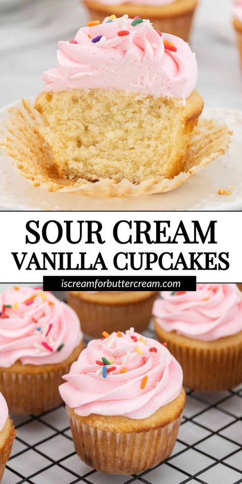 These vanilla sour cream cupcakes have a soft, buttery texture and rich vanilla flavor, a made from scratch recipe for the best homemade cupcakes. Sour Cream Vanilla Cupcakes, Sour Cream Cupcakes Recipe, No Butter Cupcakes, Best Moist Cupcake Recipe, Sour Cream Baking Recipes, Birthday Cake Cupcakes Recipe, Moist Cupcakes From Scratch, Sour Cream Recipes Baking, Vanilla Cupcakes No Butter