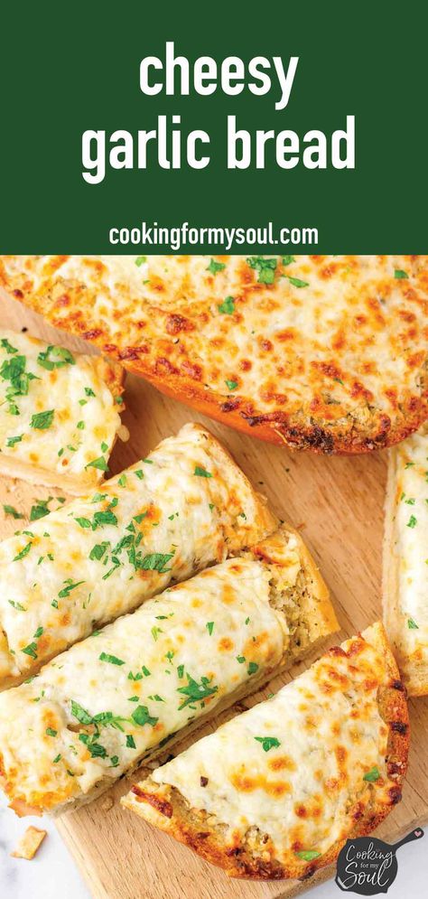 Cheesy Garlic Bread! This easy homemade cheesy garlic bread is loaded with flavor and cheesy goodness on soft Italian bread. Garlic bread is the perfect side dish for an Italian dinner. Easy Cheese Garlic Bread, Homemade Cheesy Garlic Bread, Garlic Bread From Scratch, Garlic Bread Spread, Homestyle Meals, Cheesy Bread Recipe, Cheesy Garlic Bread Recipe, Mozzerella Cheese, Bread Garlic