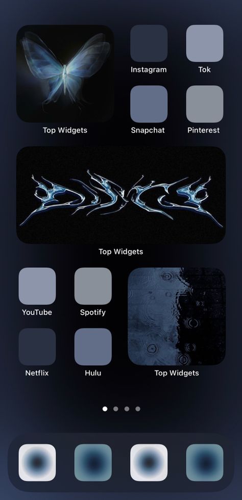 Blue Ios 16 Wallpaper Ideas, Black And Blue Iphone Layout, Ios 16 Wallpaper Icons, Phone Screen Aesthetic Ideas, Blue Homescreen Layout Iphone, Ios 16 Home Screen Ideas Dark Blue, Dark Blue Ios 16 Homescreen, Dark Blue Ios 16, Dark Blue Iphone Layout