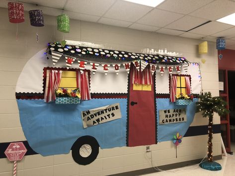 Camper Bulletin Board Ideas, Road Trip Decorations For Classroom, Camper Classroom Door, Road Trip Bulletin Board, Road Trip Vbs Decorations, Camper Bulletin Board, Camping Bulletin Board Ideas, Classroom Trees, Gray Library