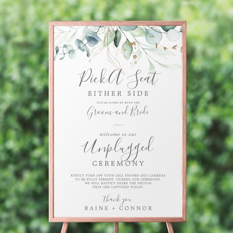 No Cell Phone Sign, Ceremony Signage, Unplugged Ceremony Sign, Unplugged Ceremony, Ceremony Sign, Wedding Messages, Pick A Seat, Glitter Leaves, Watercolor Eucalyptus