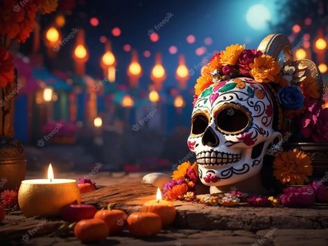 Candles On Table, Sugar Skull Banner, Skull Banner, Creepy Comics, Flowers And Candles, Day Of The Dead Party, Skull With Flowers, Mexican Sugar Skull, Media Poster