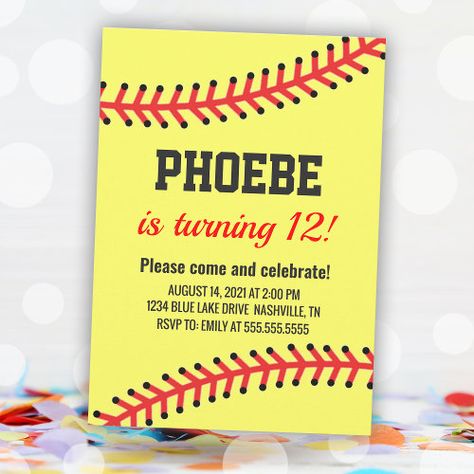 $2.98 - Simple Softball Birthday - simple, softball invitation, birthday, yellow and red, girls birthday invite, softball party, sports birthday, kids, softball, tkm party printables Softball Birthday Party Games, Softball Cards, Softball Birthday Invitations, Baseball/softball Birthday Party, Baseball Birthday Invitations Free, 98th Birthday, Softball Party, Sports Birthday Invitations, School Notebooks