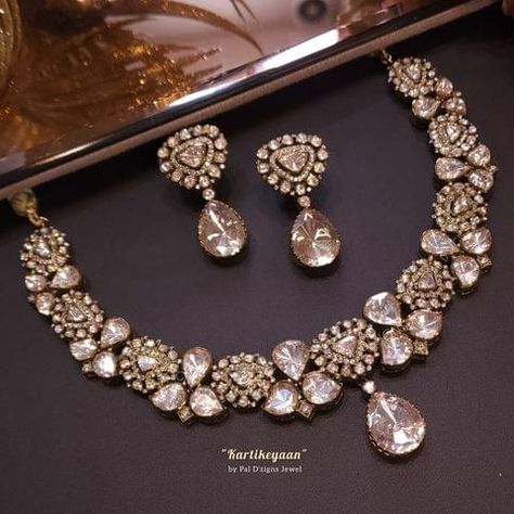 Kartikeyaan Moissanite Polki Necklace Set Real Polki Sets, Jewllery Ideas, Moissanite Jewellery, Polki Necklace Set, Indian Wedding Jewelry Sets, Necklace Set Indian, Diamond Necklace Designs, Jewel Wedding, Polki Necklace