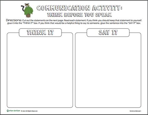 think it vs say it worksheet Think It Or Say It Activities, Think Before You Speak Activities, Think It Or Say It, Values Clarification, Expressive Therapy, Social Work Offices, Communication Activities, Think Before You Speak, Behavior Supports