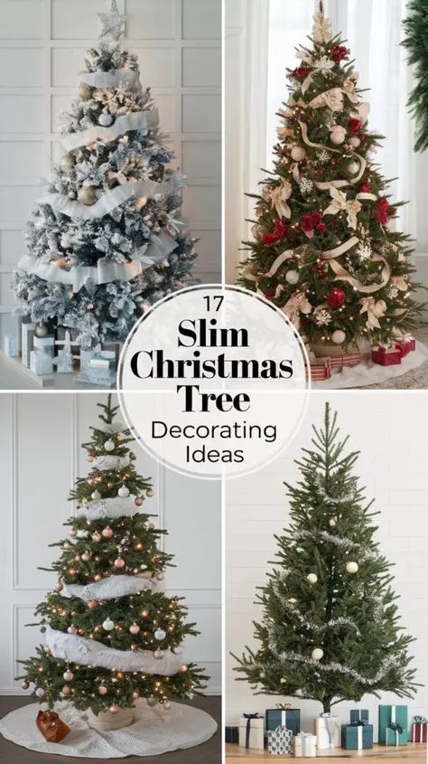 17 Slim Christmas Tree Decorating Ideas Slim Christmas Trees Decorated, Slim Christmas Tree Ideas, Slim Christmas Tree Ideas Decorating, Christmas Tree Decorating Ideas, Tree Decorating Ideas, Slim Tree, Slim Christmas Tree, Unique Table Settings, Christmas Tree Decorating