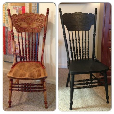 The Weathered Chest: Another Pressback Chair Makeover! Chair Refinishing, Chair Makeover Diy, Old Wood Chair, Kitchen Chair Makeover, Redo Table, Wood Chair Makeover, Dining Chair Makeover, Painted Kitchen Tables, Table Redo