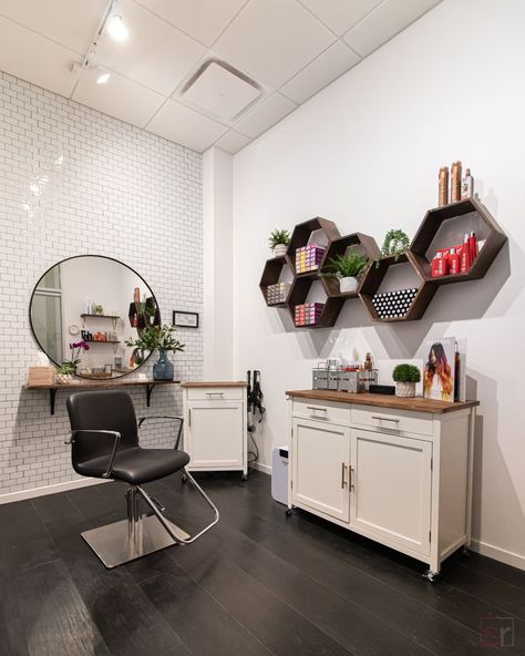 Salon Closet Ideas, Salon Suite Color Ideas, Aztec Salon Decor, Double Salon Suite Decor, Space Saving Salon Station, Small Salon Studio Decor, Salon Color Cabinet Ideas, Home Hairdressing Salon Ideas, Stylist Station Ideas Decor