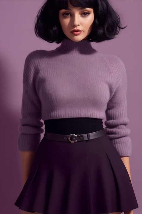 Effortlessly French Chic Outfit: a wool mini skirt, a purple turtleneck crop top sweater, and the simple leather belt that accentuates the figure. A perfect blend of style and comfort for your standout look. This outfit embodies confidence and allure in every detail. Purple Pencil Skirt Outfit, Purple Dark Academia Outfit, Purple Skirt Outfit Ideas, Purple Turtleneck Outfit, Dark Purple Outfit, Purple Academia, French Chic Outfits, Wool Skirt Outfit, Purple Top Outfit