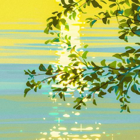 Nature Aesthetic Illustration, Drawing About Environment, Yuzu Illustration, Nature Illustration Landscapes, Aesthetic Nature Painting, Nature Green Background, Lake Illustration, Aquarium Art, Water Illustration