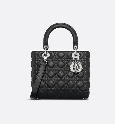 Medium Lady Dior Bag Black Grained Cannage Calfskin | DIOR Lady Dior Bag Black, Dior And I, Icon Shoes, Womens Designer Bags, Dior Book Tote, Small Lady, Christian Dior Couture, Dior Couture, Backpack Tote Bag