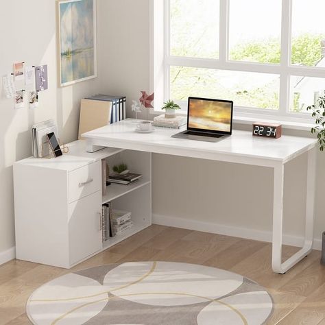 White Reversible L Shape Desk Rotating Desk Working Desk Computer - Bed Bath & Beyond - 36195561 White Corner Desk, Desk Corner, Study Table Designs, Home Office Computer Desk, Perfect Office, Bedroom Desk, Office Computer Desk, Office Computer, Room Desk