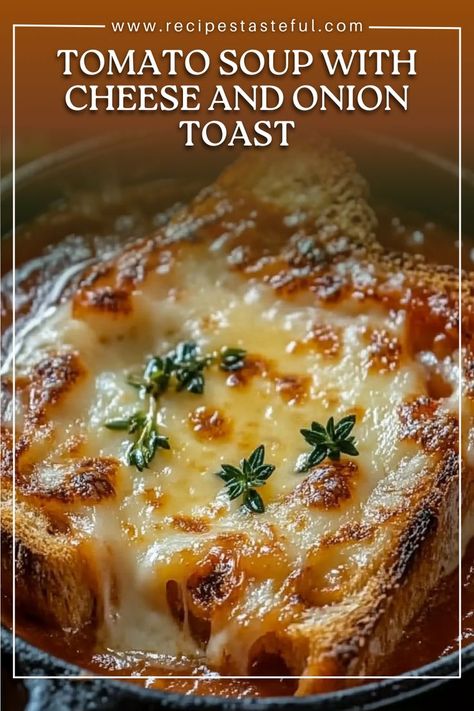 This comforting Tomato Soup with Cheese and Onion Toast combines the rich, hearty flavors of homemade tomato soup with the indulgence of melted cheese on toasted, buttery bread. The soup is smooth and full of tomato goodness, enhanced with garlic, onion, and dried herbs. Paired with a crispy, cheesy toast topped with sweet onions, this recipe makes for a satisfying and cozy meal that’s perfect for chilly days. Tomato Soup With Cheese And Onion Toast, Soup And Sandwich Recipes, Bread With Soup, Cheesy Toast, Soup And Bread, Soup With Cheese, Tomato Bisque Soup, Homemade Tomato Soup, Tomato Soup Homemade