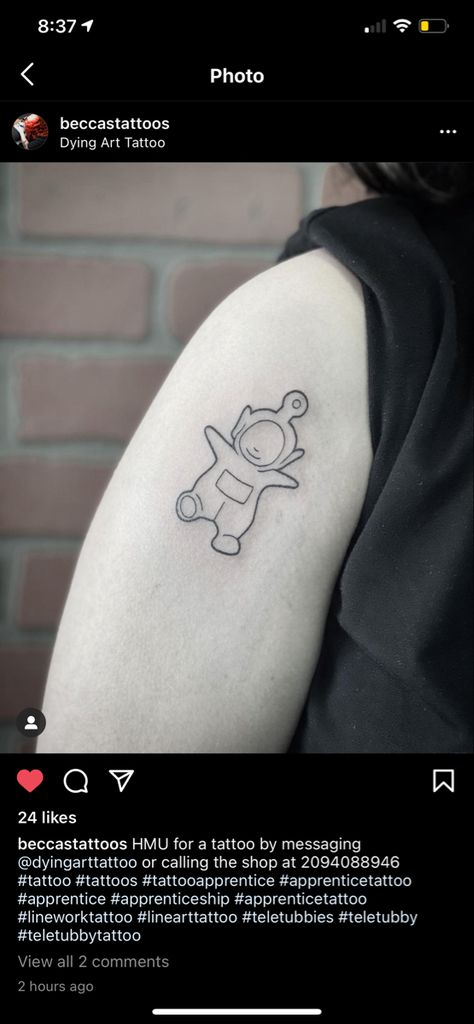 Teletestai Tattoo, Teletubby Tattoo, Poe Teletubby, Evil Teletubbies Tattoo, Toy Story Minimalist Tattoo, Teletubbies Tattoo, Teletubbies Tattoo Minimal, Crochet Telly Tubbies, Tattoo Apprentice