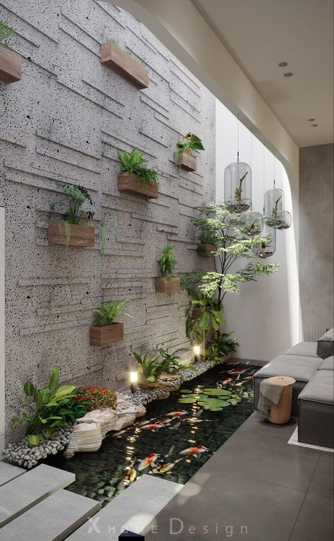 Indoor Ots Design, Dry Garden Under Staircase, Ots Wall Design In House, Small Water Body In House, Small Courtyard Ideas Inside House, Ots Design Ideas, Kolam Ikan Aesthetic, Courtyard Ideas Inside House, Interior Garden Design Home