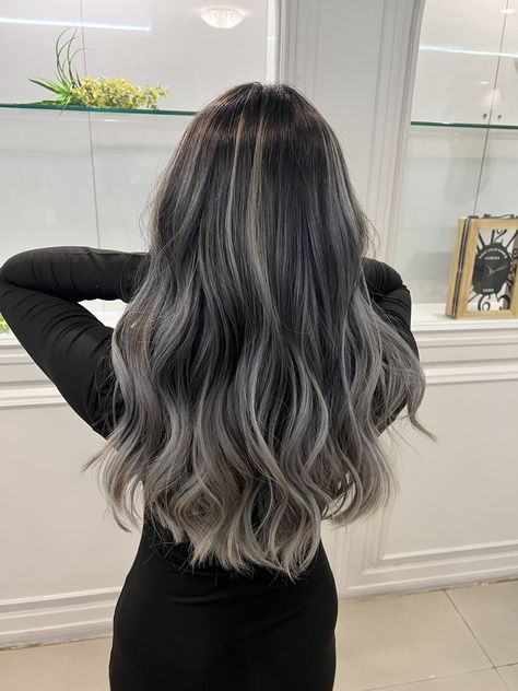 Black Ash Blonde Balayage, Silver Brown Balayage, Dark Silver Balayage, Outfits For Silver Hair, Balayage Silver Hair Brunette, Ash Gray Hair Balayage, Hair Color For Oval Face Shape, Ombré Silver Hair, Hair Color Ideas Grey Ash