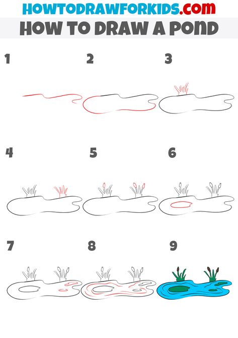 How To Draw A Pond Step By Step, Drawing Water Tutorial, Water Tutorial, English Drawing, How To Draw Water, Learning Painting, Landscape Drawing Tutorial, Elementary Drawing, Draw Water