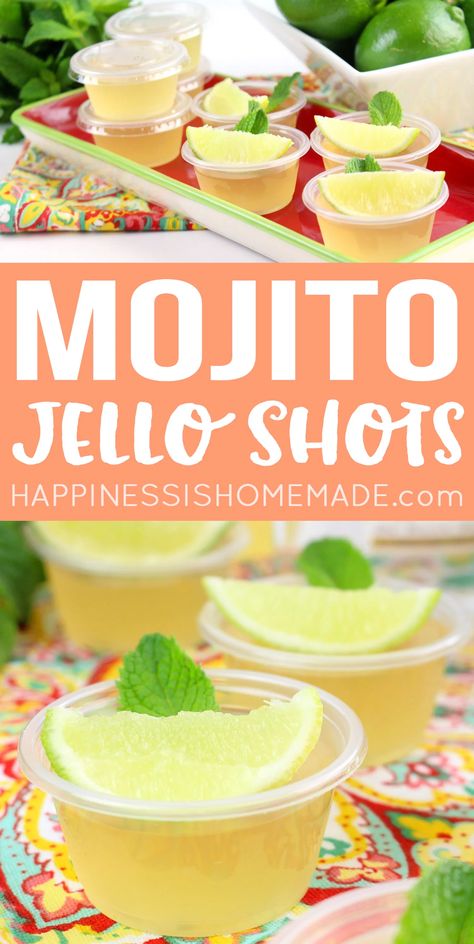 Mojito Jello Shots - Want to learn how to make jello shots? This yummy Mojito Jello Shot recipe is perfect for summer pool parties or any time of year! Delicious jello shots with rum, lime, and mint - YUM! Jello Shots With Rum, Shots With Rum, Easy Fruity Cocktails, Summer Jello Shots, Mojito Jello Shots, Lime Jello Shots, Cherry Jello Shots, Rum Jello Shots, Lemonade Jello Shots