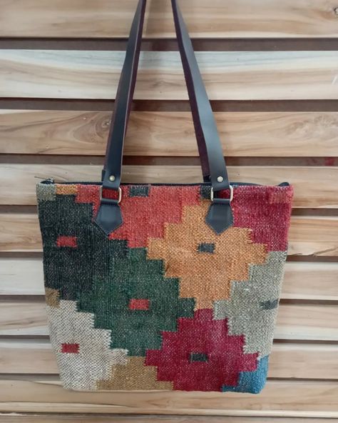 Handmade wool kilim leather tote bag Rustic Wedding Groom, Kilim Bag, Tapestry Bag, Weaving Art, Tapestry Weaving, Woven Bag, Wedding Groom, Leather Tote Bag, Leather Tote