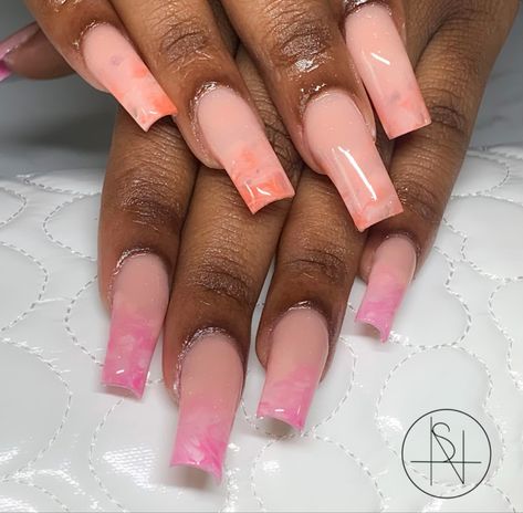 Short Square Acrylic Nails French Tips Ombre, Acrylic Summer Nails 2024, Pink And Orange Ombre Acrylic Nails, Pink Marble Ombre Nails, French Tip Nails Marble, Marble Ombre Nails Acrylic, Ombré Marble Nails, Pink And Orange Ombre Nails, Ombre Square Nails