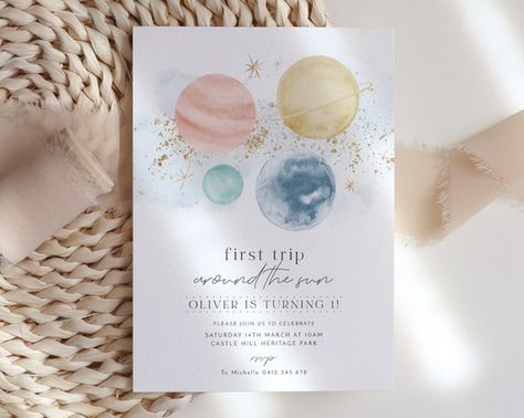 First Trip Around The Sun Birthday Invitation Template First | Etsy First Birthday Space, Sun Birthday Invitation, Space Invitation, 1st Birthday Invitation Template, Outer Space Planets, Sun Birthday, Space Birthday Invitation, First Trip Around The Sun, Boys 1st Birthday Party Ideas