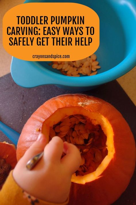 Picture of toddler scooping seeds out of a pumpkin Pumpkin Carving For Toddlers, Pumpkin Carving Ideas For Toddlers, Toddler Pumpkin Carving Ideas, Toddler Pumpkin Carving, Toddler Pumpkin Crafts, How To Carve A Pumpkin, Toddler Pumpkin Decorating, Kids Pumpkin Carving, Pumpkin Play