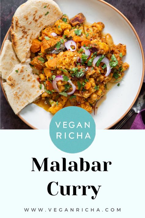 My vegan version of Keralan Malabar Curry features tender veggies simmered in a fragrant coconut gravy.  This recipe is gluten-free, soyfree and nutfree. Vegan Richa, Coconut Sauce, Baked Tofu, Vegetable Puree, Indian Spices, Vegan Foods, Vegan Dinner Recipes, Vegan Recipes Healthy, Vegan Dinners