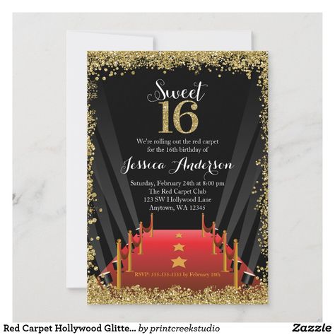 Red Carpet Hollywood Glitter Sweet 16 Birthday Invitation Hollywood Sweet 16, Red Carpet Sweet 16, Glitter Sweet 16, Invitations Quinceanera, 16th Birthday Invitations, Sweet Sixteen Invitations, Sweet 16 Birthday Party, Sweet Sixteen Birthday, Pink Carpet