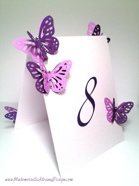 Table numbers Wedding Reception Photos on WeddingWire Butterfly Table Numbers, Ideas De 15, Ideas Para 15, Purple Reception, Ideas For Wedding Reception, Purple Wedding Centerpieces, Diy Table Numbers, Purple Table, Butterfly Table