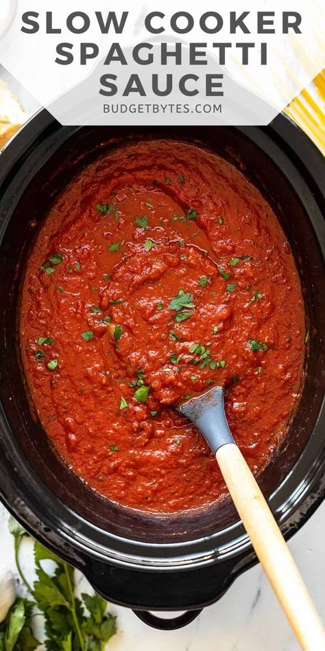 Let the slow cooker do all the work for you when you make this big batch of freezer-friendly homemade spaghetti sauce. Spaghetti Sauce With Ground Beef, Crock Pot Spaghetti Sauce, Slow Cooker Pasta Sauce, Crock Pot Spaghetti, Crockpot Spaghetti Sauce, Slow Cooker Spaghetti Sauce, Crockpot Spaghetti, Crockpot Pasta, Slow Cooker Spaghetti