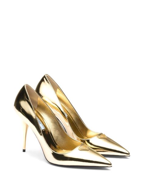 Gold Prada Heels, White Stiletto Heels, Prada Heels, Prada Shoes Heels, Metal Lettering, Gold Pumps, Gold Heels, Patent Leather Heels, Triangle Logo