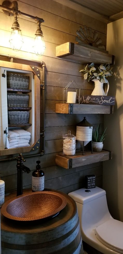 Reclaimed shiplap wood, with DIY wine barrel pedestal sink. Old Western Bathroom Ideas, Western Bathroom Organization, Whiskey Barrel Bathroom Sinks, Western Bathroom Sink, Whiskey Barrel Sink Bathroom, Western Guest Bathroom, Western Bathroom Remodel, Farmhouse Pedestal Sink, Wine Barrel Sink Bathroom