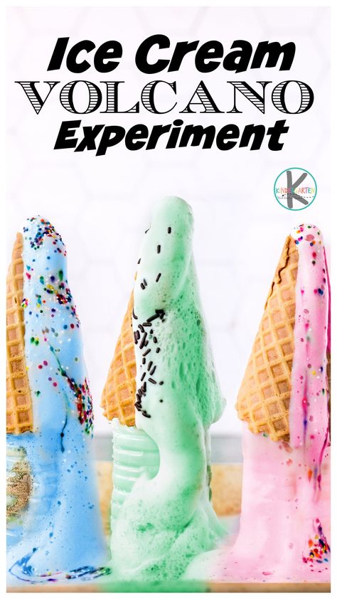 Check out this summer science experiment creating an ICE CREAM Volcano! This activity is an easy project for your ice cream theme with kids of all ages! Stem Projects Kindergarten, Summer Theme Preschool Activities Science Experiments, Ooey Gooey Science For Kids, Summer Reggio Activities, Ice Cream Experiment For Kids, Ice Cream Activities For Kindergarten, Ice Cream Games For Kids, Summer Cooking Activities For Kids, Prek Summer Activities