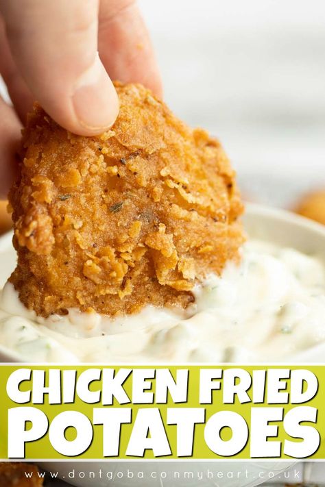 Chicken New Potatoes, Fried Snacks Appetizers, Fried Potatoes Dinner Ideas, Fried Potatoes With Bacon, Shakeys Mojos Recipe Potatoes, Chicken Fried Potatoes, Chicken Fried Potato Wedges, Deep Fried Potato Salad, What To Deep Fry