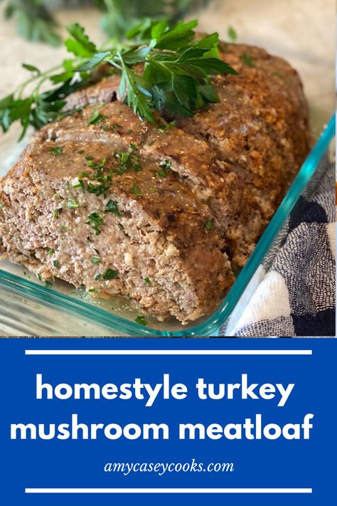 Summer lunch and dinner idea. This is an unbelievably tender and loaded with flavor turkey meatloaf with mushrooms recipe. A lighter version of the classic beef meatloaf, this juicy and delicious meatloaf gets a boost in umami flavor from cremini mushrooms. #dinnerideas #meatloaf #makeaheadrecipe Mushroom Turkey Meatloaf, Turkey Meatloaf With Mushrooms, Meatloaf With Mushrooms Recipes, Turkey And Pork Meatloaf, Ground Turkey And Mushrooms, Ground Turkey Mushroom Recipes, Ground Turkey And Mushroom Recipes, Turkey Meatloaf With Gravy, Ground Turkey Mushroom