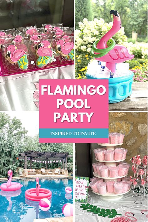 Flamingo Sleepover Party, Diy Flamingo Party Decorations, Pink Flamingo Party Food, Tropical Pool Birthday Party, Tropical Flamingo Party Decorations, Flamingo 30th Birthday Party, Flamingo Themed Party Food, Flamingo Party Table Decor, Pink Flamingo Pool Party