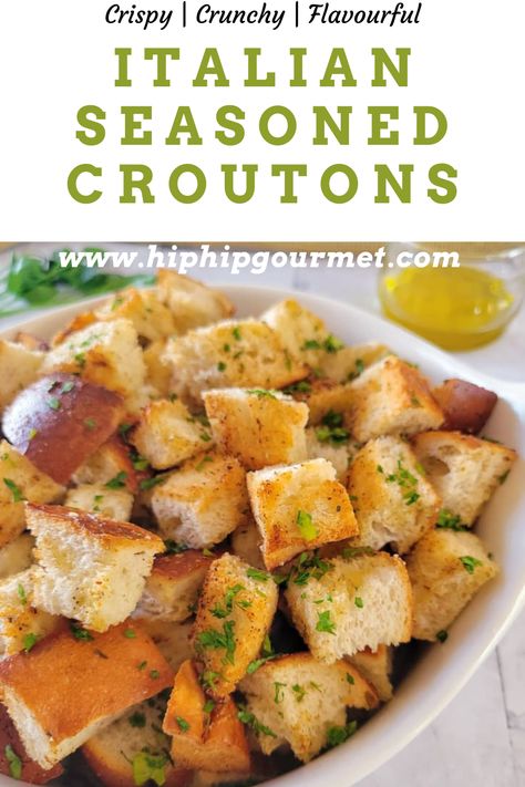 side view of a bowl of croutons, fresh herbs and a jar of olive oil in the background Croutons Homemade Oven, Homemade Croutons Recipe, Croutons From Bread, Homemade Croutons Easy, Home Made Croutons, Boat Recipes, Crouton Salad, Croutons Recipe, Crouton Recipes